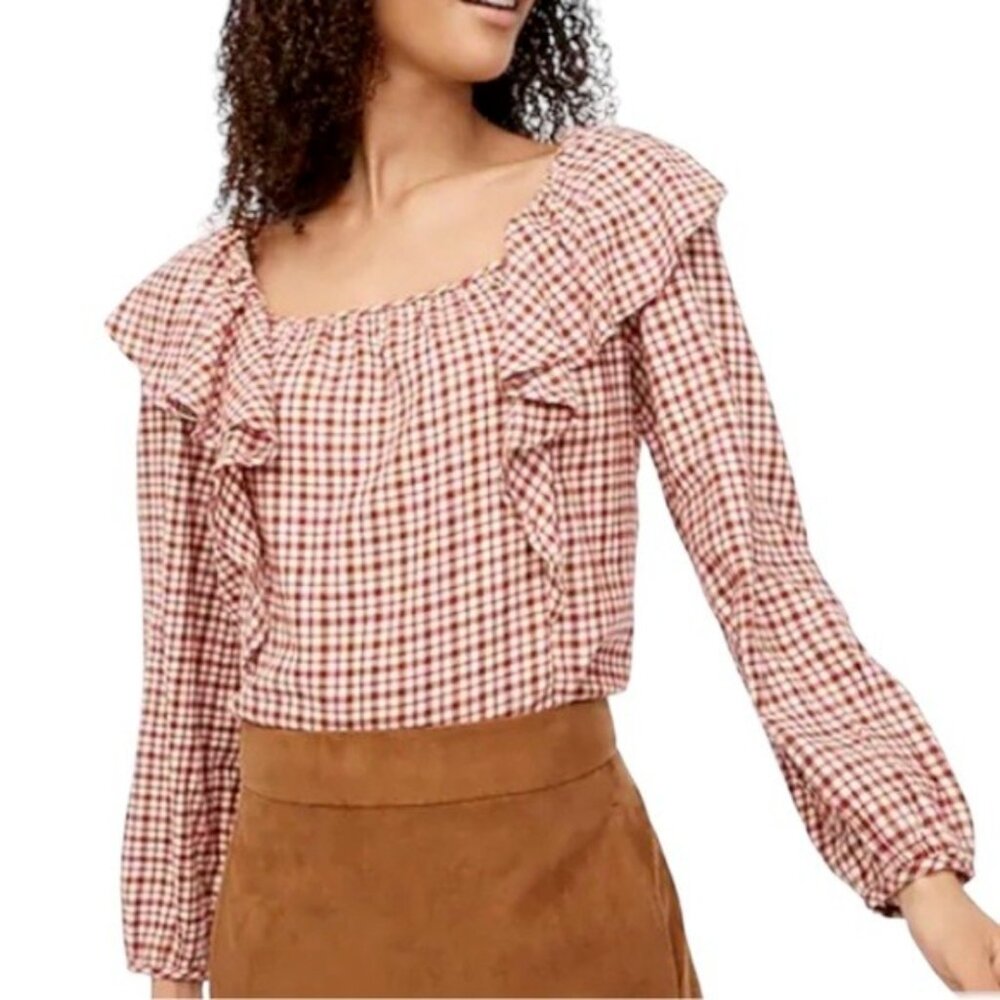 New J. Crew Red White Brown Plaid Ruffle Square Neck Top Shirt Large Petite PL